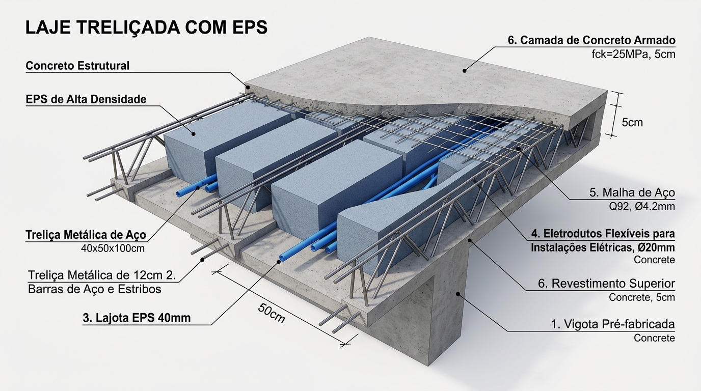 Diagrama 3D detalhado do sistema de laje treliçada com placas de EPS de alta densidade da Laje & Lux