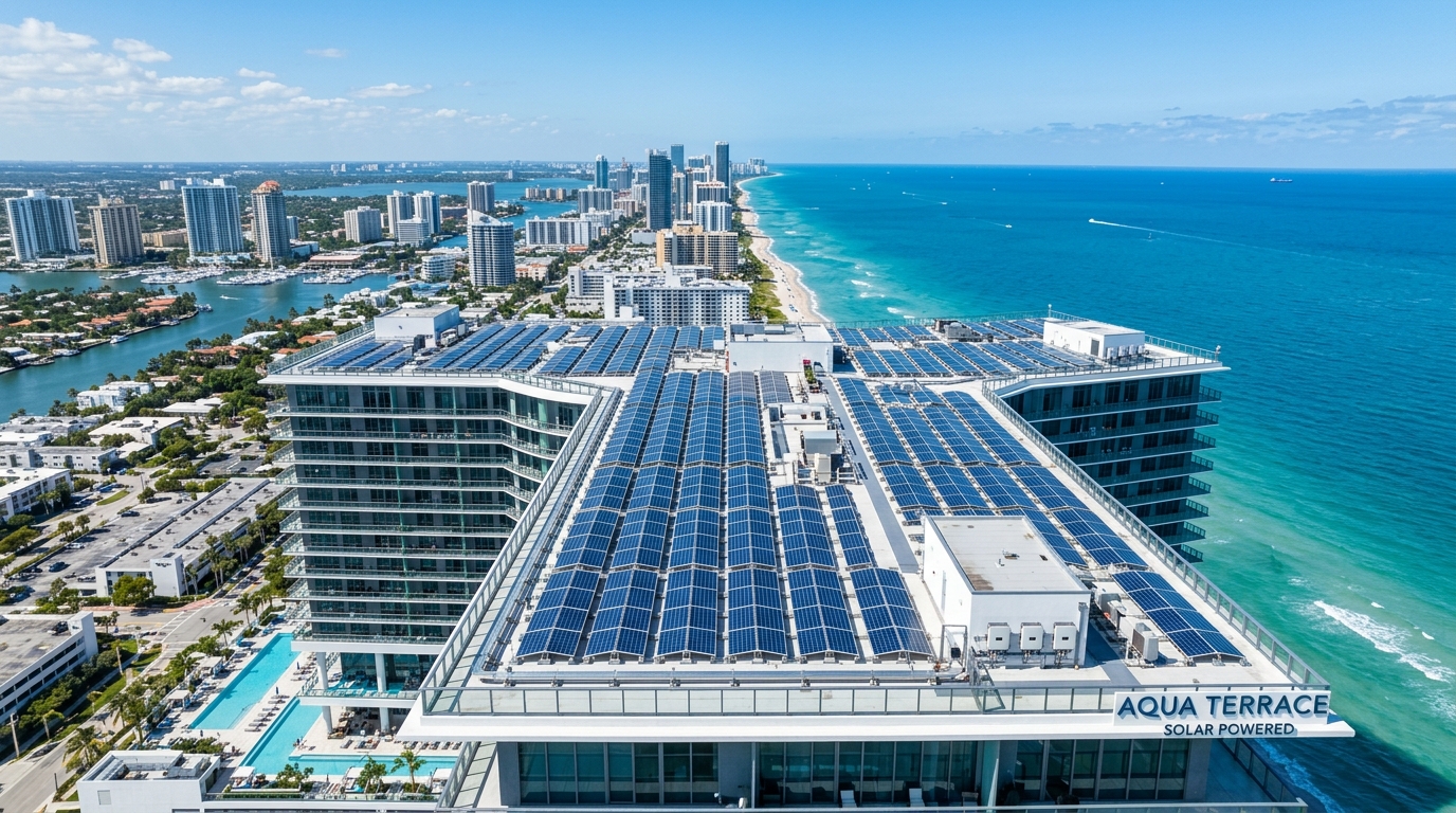 Instalação de painéis solares em cobertura de condomínio litorâneo realizada com engenharia especializada